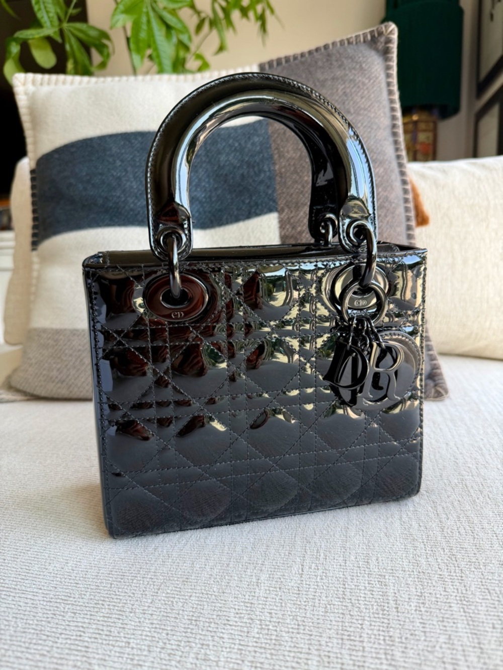 Black Patent Quilted Leather Top-Handle Bag